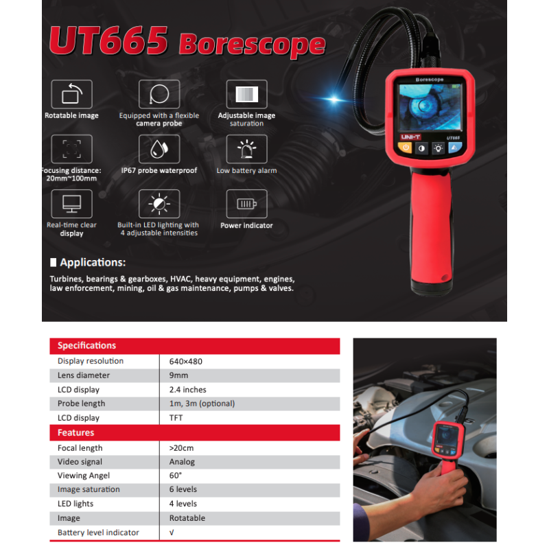 UT665 UNI-T Boroscope, Camera Probe 1m, IP67