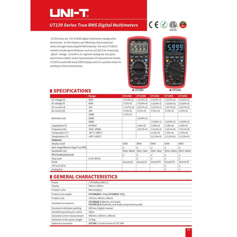 UT139S True RMS Digital Multimeter AC DC CAT III 600V