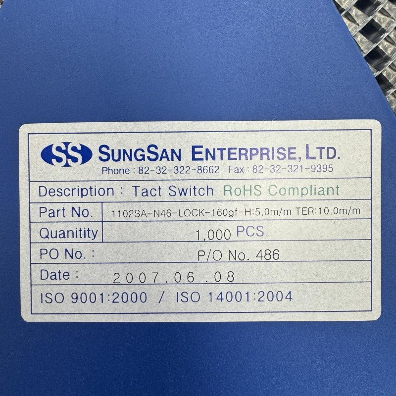 1102SA-N46-LOCK Sungsan Tactile Switch 5.0mm 160gf QTY:1000